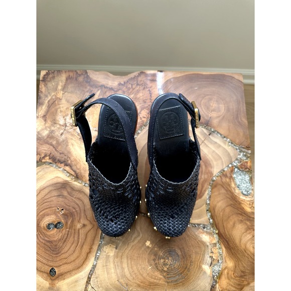 EUC Tory Burch Widdianne Woven Navy Blue Leather Platform Clogs size 5.5 (012) - Picture 3 of 5